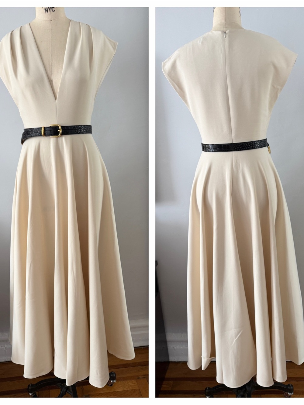 Brandon Maxwell Cream Sleeveless V-Neck Fit-and-Flare Dress - Picture 3 of 5